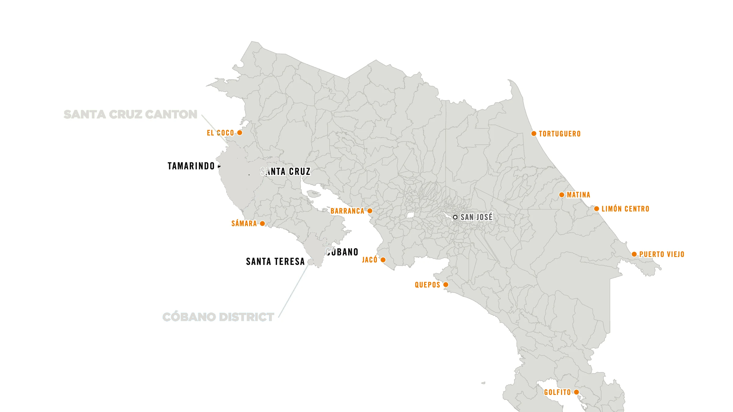 Map of Costa Rica showing the Cóbano District and Santa Cruz Canton